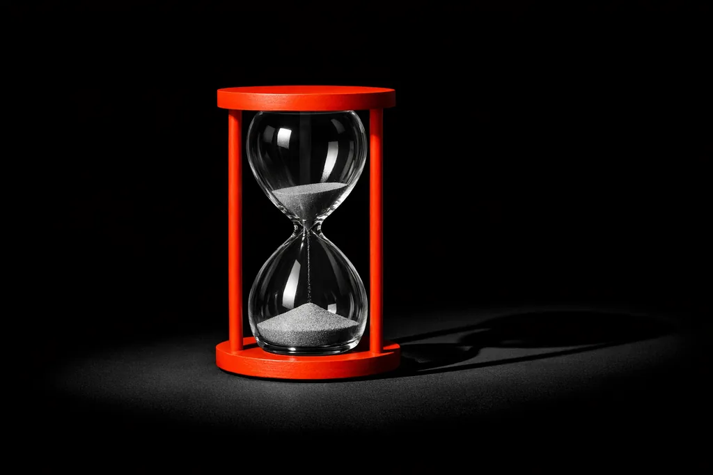 A classical hourglass on black surface with matte vermillion wooden frame, representing the expiry clock every bonus runs on