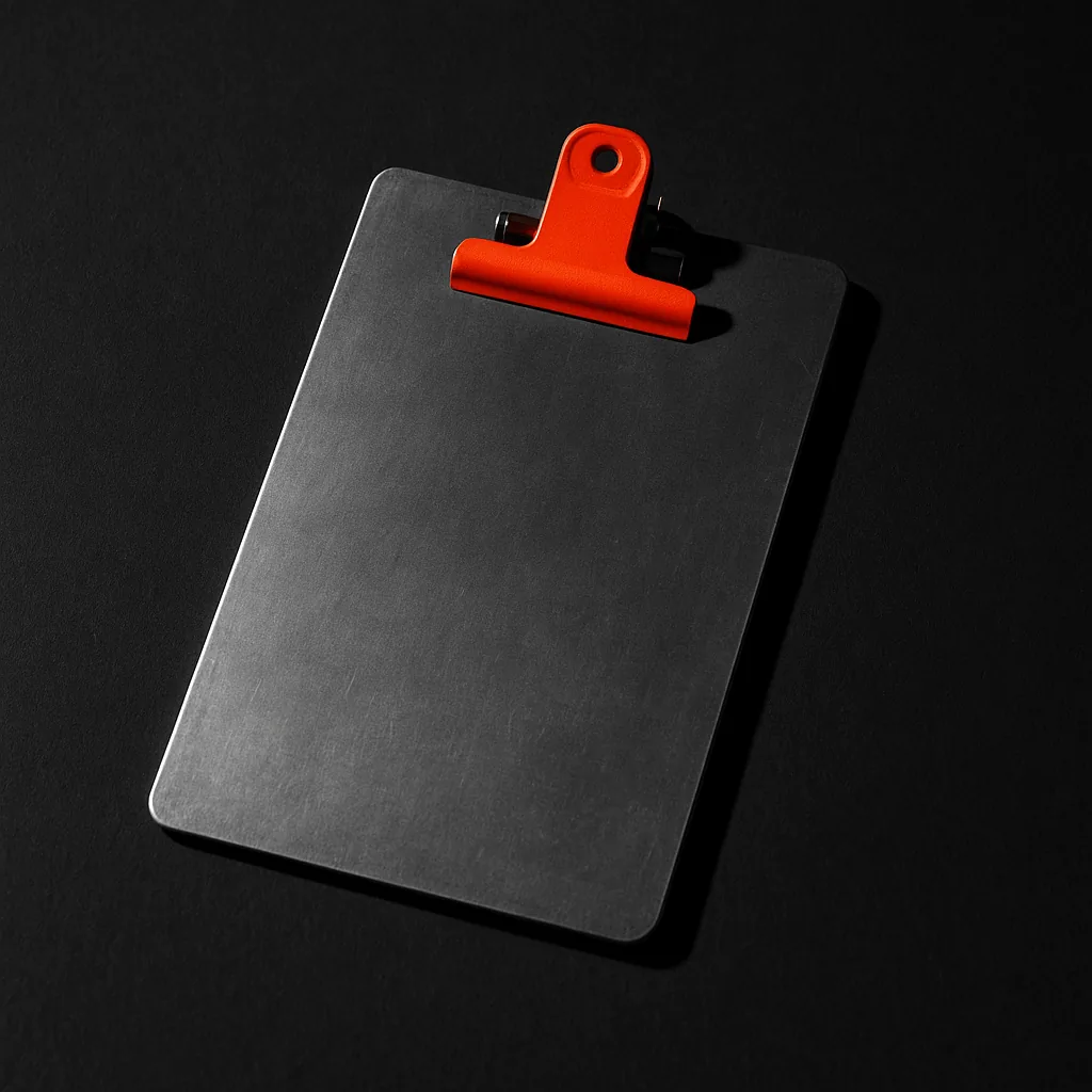 Blank metal clipboard with a matte vermillion tension clip, signalling the four-gate testing method behind the non gamstop casinos shortlist.