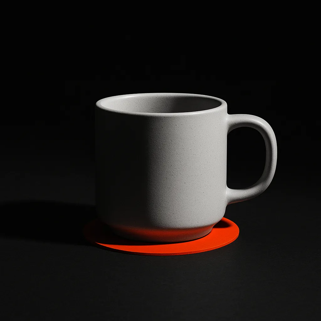 Plain mug on a vermillion coaster, editorial still life illustrating the frequently-asked-questions section on non gamstop casinos.