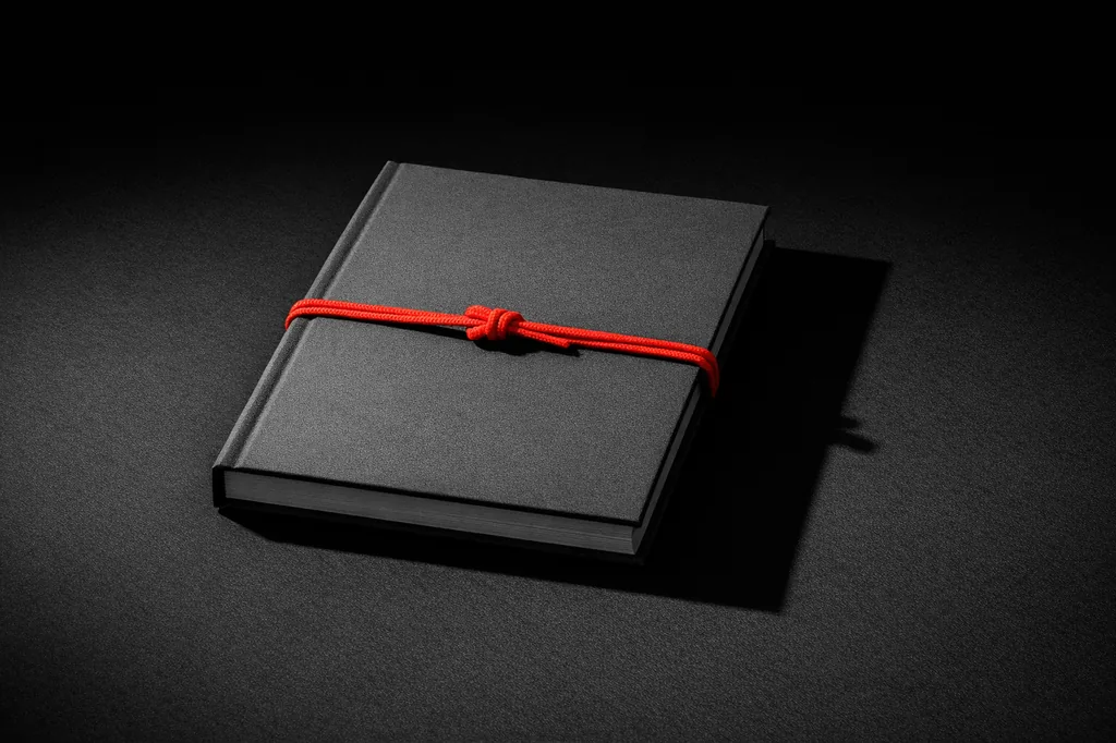 A plain closed hardcover notebook lying flat with a matte vermillion cord tied around it, representing the operator record