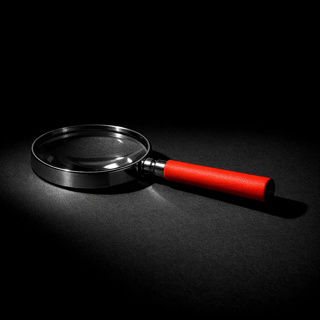 Magnifying glass with a vermillion handle used to verify an offshore casino licence claim