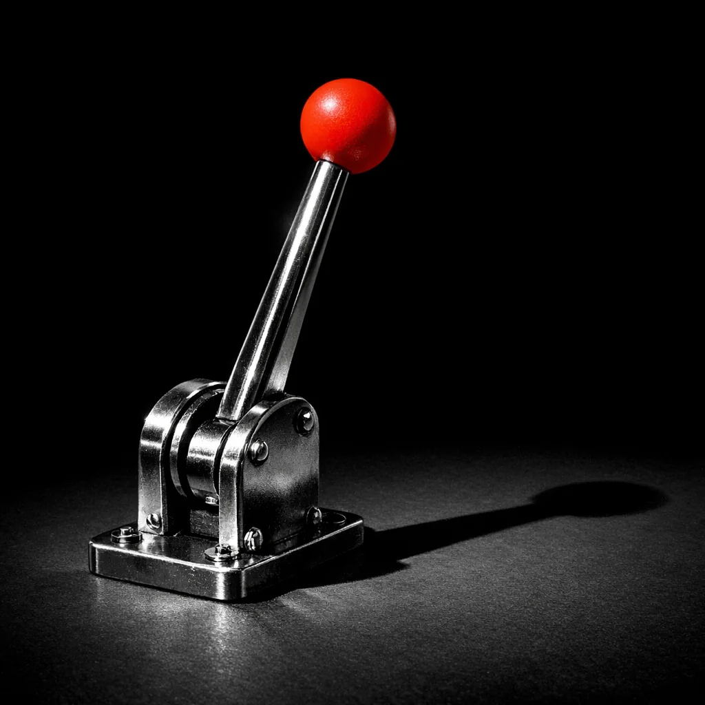 Editorial still-life mark for non gamstop slots, a plain vintage mechanical lever with a matte vermillion grip cap standing on a dark studio surface