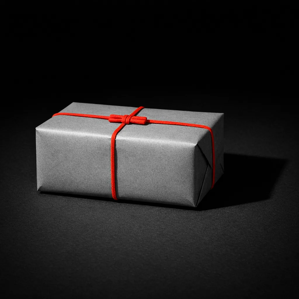 Small rectangular parcel wrapped in plain matte paper, tied with a matte vermillion cord in a single flat knot, editorial monochrome still life